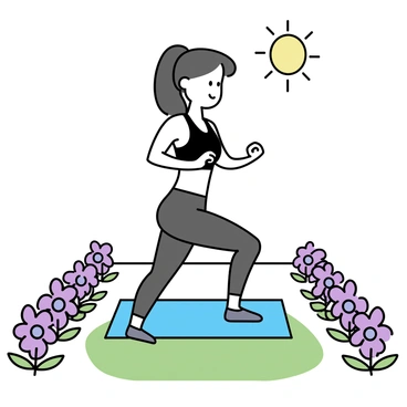 A woman wearing a black sports bra and matching leggings is performing glute bridges on a soft grassy area. She has long hair tied back in a ponytail. Surrounding her are rows of blooming lavender flowers, their purple hues contrasting with the green grass. The sky above is clear and bright, providing a warm backdrop for her workout.