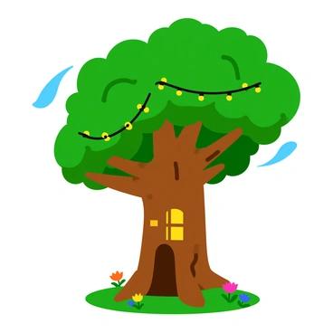 An enchanted tree with a thick, sturdy trunk featuring a small door and two windows carved into its bark. The door is slightly ajar, revealing a warm glow coming from inside. Delicate twinkling lights are strung around the tree branches, casting soft glimmers of light. The leaves of the tree are lush and vibrant green, while patches of colorful flowers bloom at its base. A gentle breeze rustles the leaves, creating a magical atmosphere.