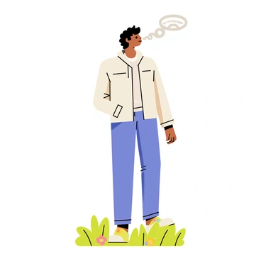 A person standing outdoors, wearing a casual outfit with a light jacket. The person is blowing "perfect circular smoke rings" into the air. The smoke rings are light gray and contrast against a clear blue sky. The person's mouth is slightly open as they exhale, and their hair is gently tousled by a light breeze. Around them, there are soft, green grass and a few scattered colorful flowers on the ground.