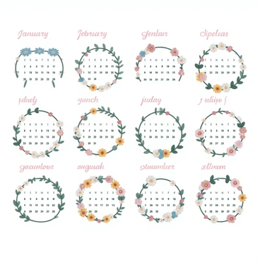 A calendar with each month adorned with a unique floral border representing the season