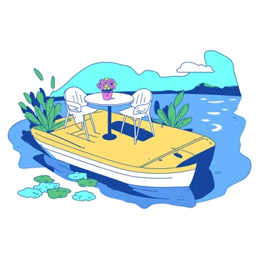 A yellow houseboat is moored beside a blue riverbank, gently swaying with the water's movement. The deck of the houseboat features a white table adorned with a small vase of colorful flowers. Surrounding the table are several comfortable white chairs, inviting relaxation. Lush green plants are positioned around the deck, adding a touch of nature to the cozy atmosphere. In the background, the calm river reflects the sunlight, enhancing the tranquil setting. The scene captures a serene moment by the water, perfect for enjoying the outdoors.