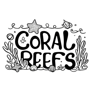 The words "Coral Reefs" appear prominently, illustrated as if they are intricately carved from coral formations. The letters have a textured, organic appearance, mimicking the shapes and structures of real coral. Surrounding the words, there are small marine elements such as seashells and starfish scattered among the coral-like letters, enhancing the underwater theme. The background features stylized waves to suggest an oceanic environment, creating a cohesive marine atmosphere.