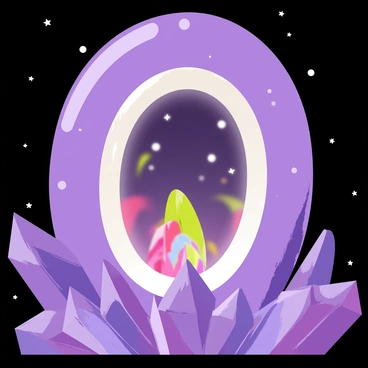 A magical portal shaped like a large oval is surrounded by swirling "amethyst crystals" that reflect light in various shades of purple. The surface of the portal has a shimmering effect, with a soft glow emanating from its center. Mysterious, vibrant colors swirl within the portal, hinting at "an unknown realm" beyond it. The scene is set against a dark, starry background, enhancing the enchanting atmosphere of the portal.