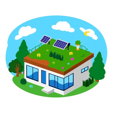 A futuristic eco-friendly home with sleek, modern architecture and large glass windows. The house features multiple solar panels mounted on the roof, efficiently harnessing sunlight. A lush green rooftop garden is filled with various plants, flowers, and small shrubs, creating a vibrant habitat. The surrounding area includes a well-maintained landscape with native trees and flowers, adding to the home's environmental harmony. Bright blue skies and fluffy white clouds above provide a cheerful backdrop.