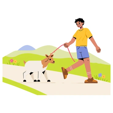 A baby goat being gently led by a child along a grassy path.