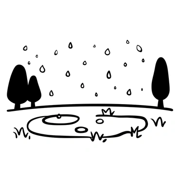 A rainy day scene with multiple raindrops falling from the sky, creating small ripples in puddles on the ground. Each raindrop forms into small soap bubbles, reflecting light as they float gently above the wet surface. Surrounding the puddles, there are patches of grass glistening with moisture. In the background, the silhouettes of trees sway slightly in the wind, adding a sense of movement to the tranquil atmosphere.