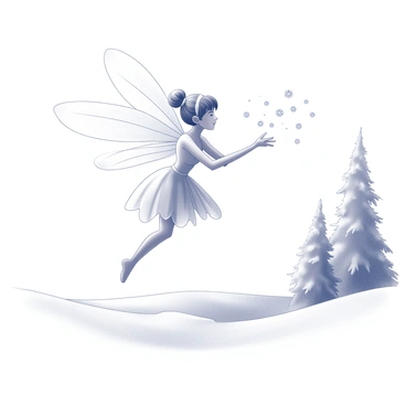 A delicate frost fairy is hovering above a winter landscape. She has translucent wings that glimmer softly as she gestures with her hands. Snowflakes are gently dispersing from her fingertips, falling onto the ground below. The winter landscape features a serene blanket of snow covering the ground, with snow-dusted trees in the background. The scene captures a sense of quiet magic as the fairy adds a touch of wonder to the tranquil setting.