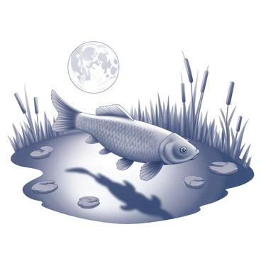 A carp is swimming in a pond. The surface of the water shows the reflection of a moon overhead, creating shimmering patterns. The pond is surrounded by vegetation, including reeds and lily pads along the edges. The scene is illuminated by the moonlight, enhancing the tranquil atmosphere of the setting.