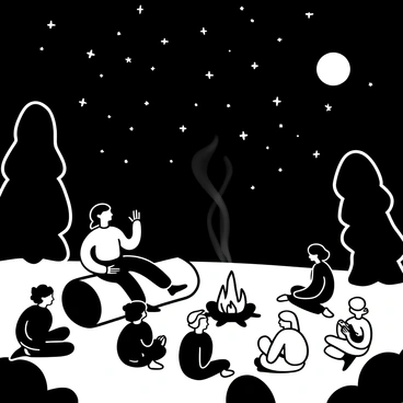 A woman sitting on a log beside a campfire, with flames flickering and casting light. She is gesturing with her hands, surrounded by attentive listeners seated on the ground. The campfire emits smoke that rises into the night sky. Above, a multitude of stars are visible, twinkling brightly. The moon casts a soft glow over the scene, illuminating the trees that frame the gathering. Shadows dance on the ground from the firelight, creating a warm and inviting atmosphere.