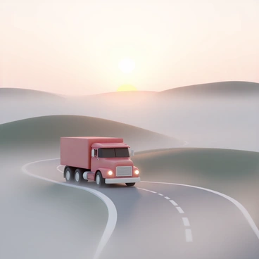 A red truck is driving along a winding road through a misty landscape. The truck is shiny and has a large bed, with its headlights on as it moves forward. Surrounding the road are rolling hills partially obscured by a thick layer of mist. In the background, the sun is rising, casting a warm golden glow that filters through the fog, creating soft rays of light. The sky is painted in hues of orange and pink, contrasting against the cool gray of the mist. The scene conveys a sense of adventure and tranquility.