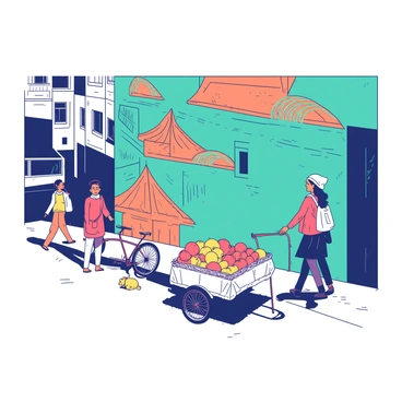 A vibrant mural fills the wall of a building on a busy Indian street. The mural features intricate designs in two main colors: teal and orange. People walk by, observing the lively artwork as they carry bags and engage in conversation. A bicycle leans against the wall nearby, while a vendor sells colorful fruits from a cart in the foreground. The scene captures the energy of the street, with the mural serving as a focal point amid the bustling activity. Bright sunlight illuminates the mural, enhancing the vividness of the colors.