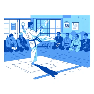 A blue martial arts trainer is demonstrating a kata in a dojo filled with students. The trainer is wearing a white gi and is in a dynamic stance, showcasing a precise kick. The students, dressed in various colored gis, are watching intently, some taking notes while others are in a focused stance, mimicking the trainer's movements. The dojo features traditional wooden flooring and walls adorned with martial arts memorabilia, such as trophies and framed certificates. Natural light is streaming in through the large windows, illuminating the scene.