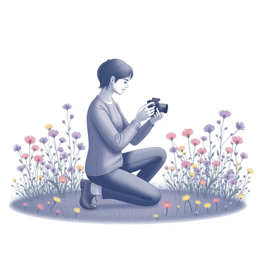 A person kneeling in a blooming field filled with various wildflowers. The individual holds a camera in their hands, focused on capturing the beauty of the vibrant flowers around them. The field is expansive, with flowers in different shapes and sizes creating a colorful tapestry. The sky above is clear, creating a bright atmosphere for photography. The person's attire includes comfortable outdoor clothing suitable for nature exploration. The scene conveys a sense of immersion in nature, highlighting the interaction between the enthusiast and the surrounding flora.