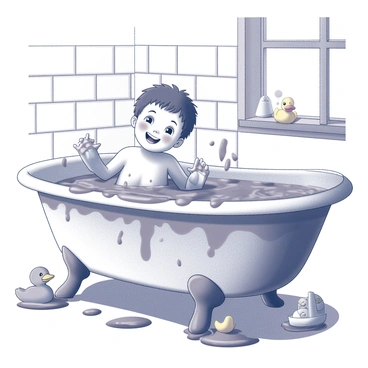 A child is sitting in a bathtub that is overflowing with thick, brown mud. The child has a joyful expression, with wide eyes and a big smile. Their small hands are splashing in the mud, creating a spray of droplets around them. The bathtub is an old-fashioned design with clawed feet, contrasting with the mess inside. Toys are scattered around the edge of the tub, including a rubber duck and a small boat. The bathroom has tiled walls and a window letting in natural light, illuminating the playful scene.