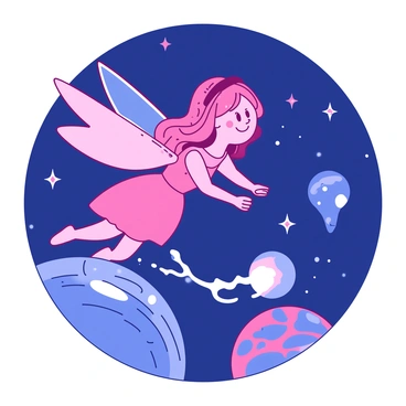 A pink fairy with translucent wings is flying among various planets and stars in a deep blue night sky. The fairy is smiling with a twinkling expression, surrounded by a cluster of colorful planets of different sizes and textures. Each planet is detailed, showcasing swirling patterns and bright colors. A white comet is streaking across the sky, leaving a shimmering tail behind it as it passes the fairy. The stars are scattered throughout the scene, sparkling brightly against the dark background.