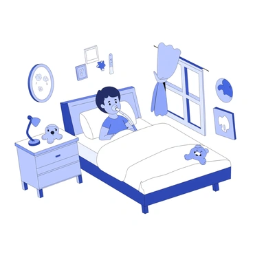 A child is sitting comfortably on a bed in a cozy bedroom. The room features a soft blanket draped over the bed. There is a bedside table with a small lamp emitting a gentle light, casting soft shadows around the room. The child is using a nebulizer, with a connected mask placed over their face. Nearby, there is a plush toy resting on the bed, and colorful drawings are displayed on the walls. A window is partially open, allowing light to filter in. The atmosphere feels warm and inviting.