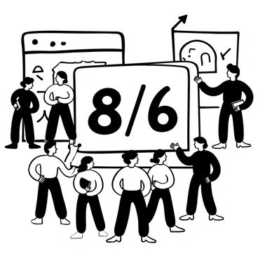 A classroom setting with a large chart displayed prominently. The chart has the numbers "8/6" clearly visible in a bold font at the center. Surrounding the chart are eight student figures, each represented in a simplified, abstract manner, standing together in front of the chart. Each figure is different in posture, some holding books while others are pointing at the chart. The background includes a blackboard with diagrams and notes, adding context to the classroom environment.