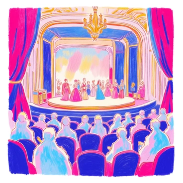 An elegant opera house features grand architecture with high ceilings and ornate chandeliers. The main stage is illuminated, showcasing performers in elaborately detailed costumes, conveying deep emotion in their expressions. In the audience, numerous ghostly figures are seated, their translucent forms dressed in vintage attire from a bygone era. Some specters appear to be captivated by the performance, while others engage in quiet conversation with one another. Rich velvet curtains frame the stage, adding to the opulent atmosphere of the scene.