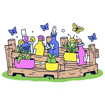 A vibrant garden made from recycled materials. The garden includes colorful bottle planters, each uniquely shaped and filled with a variety of flowers and plants. The planters are arranged in a playful manner throughout the garden. Surrounding the garden is a fence constructed from old wooden pallets, weathered and rustic in appearance. The fence is slightly uneven, adding to the charm of the garden. Brightly colored butterflies flutter around the plants, and a small patch of green grass is visible at the base of the planters.