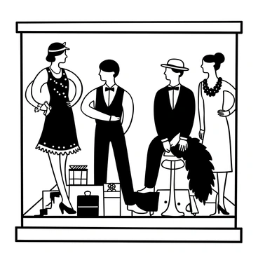 A window display featuring several mannequins dressed in "1920s attire." One mannequin is wearing a flapper dress adorned with fringe and beads. Another mannequin is dressed in a tailored suit with a vest and a bow tie. A third mannequin showcases a cloche hat paired with a stylish dress. Various vintage accessories such as gloves, pearls, and a feather boa are arranged on the display. The backdrop includes art deco patterns, enhancing the vintage atmosphere. The floor is carpeted with an antique-style rug, completing the historical fashion scene.