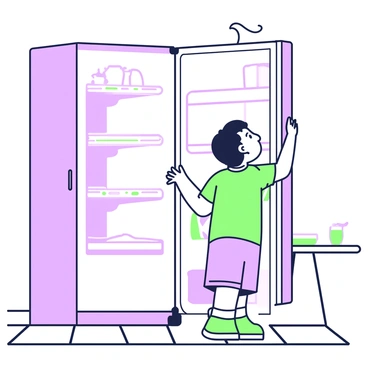 A child with short brown hair is standing in front of an open refrigerator. The refrigerator has empty shelves, and the interior light is illuminating the space. The child is wearing a colorful t-shirt and shorts. They are looking up with a curious expression, their hands resting on the edge of the refrigerator door. In the background, there is a kitchen with a tiled floor and a small table nearby.