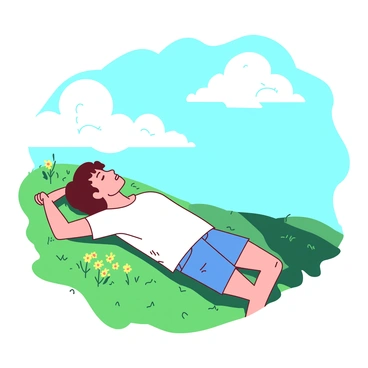 A person with brown hair is lying on a grassy hill, wearing a white t-shirt and denim shorts. The grass is a vibrant green, creating a soft cushion beneath them. The individual is gazing up at fluffy white clouds that are scattered across a bright blue sky. The sunlight casts gentle shadows on the hillside, and a few wildflowers in shades of yellow dot the grassy area nearby. The person's eyes are slowly closing, indicating they are drifting off to sleep in the serene environment.