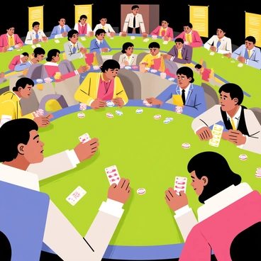 A large poker tournament scene featuring several tables arranged in a spacious area. Each table has a green felt surface and is surrounded by players of various ages and backgrounds. The players are focused, displaying intense concentration as they study their cards and contemplate their next moves. Some players are raising their eyebrows in thought, while others are leaning slightly forward, their expressions serious. The background is filled with banners and lights that enhance the competitive atmosphere. Chips of various colors are stacked in front of each player, and a dealer stands at each table, managing the game with efficiency.