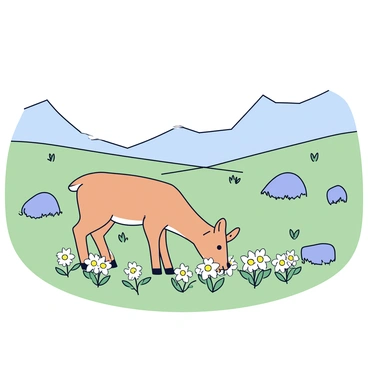 A deer with a light brown coat is grazing among white edelweiss flowers. The flowers are clustered around the deer, adding a delicate touch to the landscape. The valley is gently sloping with patches of green grass, and a few boulders can be seen scattered throughout the scene. In the background, there are soft, rolling hills that rise into the distance. The atmosphere is calm and tranquil, creating a serene setting for the deer.