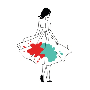 A white background features a minimalist fashion sketch of a figure standing gracefully in a flowing dress. Simple black lines outline the figure's silhouette, capturing the elegance of the pose. The dress has splashes of red and teal watercolor, creating a striking contrast against the black lines. The figure's hair is depicted with a few strokes of black, adding to the overall simplicity of the composition.