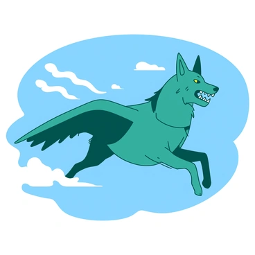A teal Cerberus with three heads is soaring through a clear blue sky. Each head looks alert and fierce, with sharp teeth bared and eyes wide open. The massive dog has large, powerful wings that are stretched wide, propelling it forward. Behind Cerberus, there are trails of soft, white clouds swirling in its wake, shimmering with a bright, luminous glow. The contrast of the teal Cerberus against the blue sky enhances its striking presence as it glides effortlessly through the air.