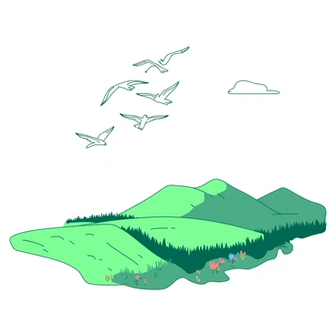 A group of birds is flying in a perfect V-formation over a vast plateau. The plateau is covered with lush green grass and dotted with small patches of colorful wildflowers. The sky above is clear, allowing the sunlight to illuminate the birds' graceful movements as they glide through the air. Below, the terrain of the plateau gently slopes, leading into distant hills that create a serene backdrop for the scene.