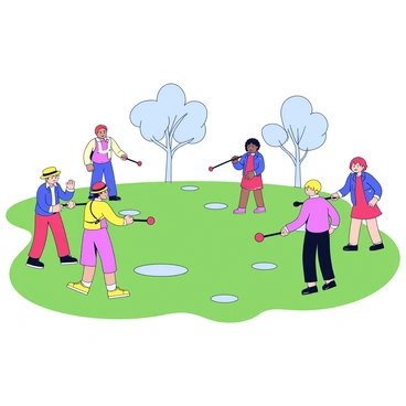 A group of players enjoying a game of croquet on a green lawn. Each player is dressed in bright, colorful outfits, with one wearing a yellow hat and another a red dress. They are positioned around the croquet court, focusing intensely on their shots. Soft, gentle droplets of rain are falling from a light gray sky above. Small puddles are starting to form on the grass, reflecting the players’ vibrant colors. In the background, there are a few trees with leaves slightly swaying, indicative of the gentle breeze.