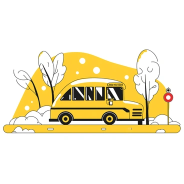 A yellow school bus is driving carefully along a snow-covered road. The bus has large windows and a stop sign extended out on the side. Snowflakes are falling gently around it, creating a winter atmosphere. The road is lined with tall, bare trees, their branches coated with a layer of white snow. In the background, a few snowdrifts are visible, adding to the wintery scene. The sky is overcast, indicating a cold day.