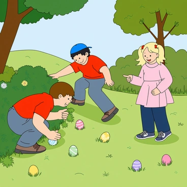 A group of three children, two boys and one girl, enthusiastically searching for hidden Easter eggs in a lush green park. The first boy, with short brown hair and a red t-shirt, crouches down to look under a bush. The second boy, with curly black hair and a blue cap, is standing on tiptoe, peering up into a tree branch. The girl, with long blonde hair tied in pigtails, is pointing excitedly at a colorful egg partially hidden in the grass. Scattered around them are various brightly colored Easter eggs in yellow, pink, and purple, nestled among the flowers and grass. The sun shines down, casting playful shadows on the ground as the children laugh and cheer.