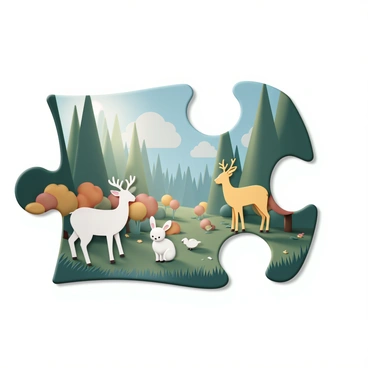 A jigsaw puzzle featuring distinct silhouettes of various animals like deer, rabbits, and birds. The background displays a vibrant forest scene, filled with tall green trees, colorful foliage in shades of orange, red, and yellow, and a clear blue sky. Sunlight filters through the leaves, casting playful shadows on the forest floor, which is covered in a mix of green grass and fallen leaves. The silhouettes of the animals are artistically integrated into this lively environment, creating a harmonious composition.
