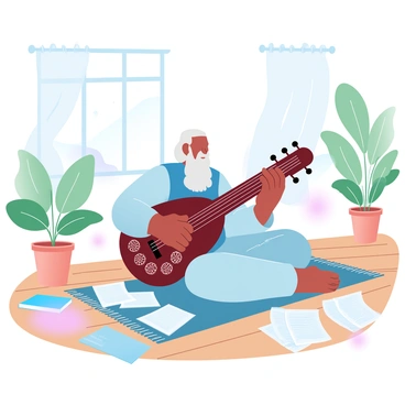 Rabindranath Tagore is seated on a traditional woven mat in a sunlit room. He is playing a sitar that has intricate carvings on its body. The room is filled with warm, soft light filtering through sheer curtains, casting gentle shadows on the wooden floor. There are potted plants in the corners, adding a touch of greenery to the space. Tagore is surrounded by books and sheets of music scattered around him. A large window is visible in the background, showcasing a glimpse of nature outside.