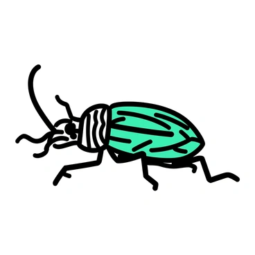 A close-up of a beetle, showcasing its detailed body structure. The beetle has intricate patterns on its back, featuring alternating stripes that resemble a mix of blue and green. The texture of its exoskeleton is visible, with fine hairs and ridges. Its antennae are prominently displayed, curved slightly upwards, while its legs are positioned beneath its body. The background is minimal, focusing entirely on the beetle's features.