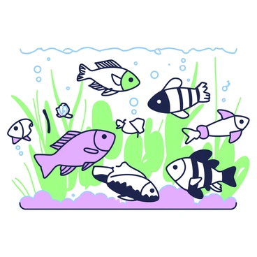 A detailed illustration showcasing various cichlid fish species swimming in a dynamic manner. Each fish is distinct in shape and size, with variations in fin structure and body contours. Some cichlids exhibit elongated bodies while others are more rounded. The fish display a range of patterns, including stripes and spots, that highlight their diversity. The background features aquatic plants, gently swaying with the movement of the water, providing a natural habitat for the cichlids. Light filters through the water surface, creating ripples and reflections that enhance the overall composition.