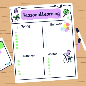 A seasonal-themed syllabus is spread out on a wooden table. At the top, there is a title card that says "Seasonal Learning" in a bold font. Below the title, four sections are designated for each season: "Spring," "Summer," "Autumn," and "Winter." Each section features illustrations representing the seasons. The "Spring" section includes flowers and raindrops, while the "Summer" section showcases a sun and beach elements. The "Autumn" section displays falling leaves and pumpkins, and the "Winter" section depicts snowflakes and a snowman. Each subject is listed clearly under its respective section, with green bullet points indicating individual topics.