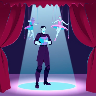 A skilled puppeteer, with short dark hair and wearing a black outfit, is standing center stage, looking intently at the marionettes. The puppeteer has a focused expression, expertly maneuvering the strings attached to the marionettes. The marionettes are intricately designed, one resembling a knight in shining armor and another a graceful ballerina, both suspended in mid-air. The theatrical backdrop features a deep crimson curtain draped elegantly, framing the scene and enhancing the dramatic atmosphere of the performance. A spotlight illuminates the puppeteer, casting dynamic shadows on the stage floor.