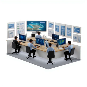 A group of meteorologists is working at a modern weather testing station. There are multiple large screens displaying satellite data and weather patterns. The room is filled with advanced technology, including computers and weather instruments. The meteorologists are dressed in professional attire, focusing intently on the data shown on the screens. In the background, there are maps and charts pinned on the walls, providing additional information about weather systems. The atmosphere is busy and professional, with charts showing various weather phenomena visible on the screens.