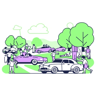 An outdoor vintage car show is taking place in a spacious park. Rows of classic cars are displayed, each with distinct features and shapes. There are elegant sedans, sporty convertibles, and rugged coupes, all showcasing their polished chrome details. Onlookers gather around the cars, some taking pictures while others engage in discussions about the vehicles. A few people are pointing at specific cars, expressing admiration for their design. In the background, trees provide shade, and the sun casts gentle light over the scene, highlighting the gleaming surfaces of the cars.