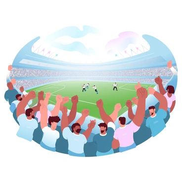 A large group of fans is gathered in a stadium, surrounded by towering stands filled with colorful banners and flags. The fans are all wearing jerseys in various colors representing their favorite teams. Some of them are holding large foam fingers and waving them in the air, while others are jumping up and down with excitement. A sea of vibrant colors fills the scene, with people cheering and raising their arms enthusiastically. In the background, a football field is visible, with players in action, contributing to the electric atmosphere.