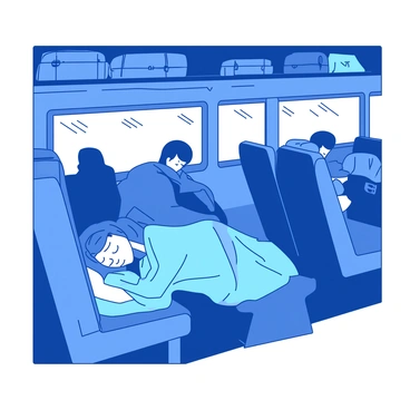 A blue bus interior is softly illuminated by warm white lights, creating a cozy atmosphere. Several passengers are peacefully sleeping in their seats, some resting their heads against the window. A woman with long brown hair is curled up with a light blue blanket wrapped around her, while a man with short black hair leans slightly forward, dozing off with his head on the armrest. In the background, luggage is neatly stored in overhead compartments, and the bus is lined with dark gray seats.