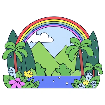 A vibrant rainbow arching across the sky, displaying a spectrum of colors. The rainbow spans over a lush tropical rainforest, filled with dense green foliage and tall trees. Raindrops glisten on the leaves, reflecting the sunlight breaking through the clouds. In the foreground, various tropical plants and flowers add bursts of color, complementing the vividness of the rainbow. The ground is slightly wet from the recent rain, creating a fresh, lively atmosphere in the scene.