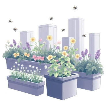 A rooftop garden filled with a variety of blooming flowers and lush greenery. Bumble bees are buzzing around, collecting nectar from the flowers. The garden is surrounded by tall city buildings in the background. The scene captures the vibrant life of the rooftop with bees flitting from blossom to blossom, showcasing their fuzzy bodies and distinct stripes. Planters and pots filled with colorful plants are arranged harmoniously throughout the garden, creating a lively atmosphere.