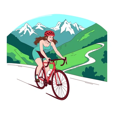 A woman with long brown hair, wearing a bright red cycling helmet and a teal cycling outfit, is vigorously pedaling her bicycle up a steep mountain road. Her expression is one of determination, showcasing her focus and strength. Surrounding her are breathtaking scenic views of rolling green hills on one side and rocky mountain peaks on the other. The sky is clear and bright, enhancing the vibrant colors of the landscape. In the distance, a winding path can be seen curving along the mountainside, indicating the challenging ride ahead.