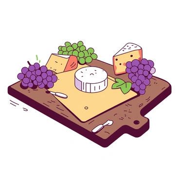 A brown rustic wooden table displays an assortment of various cheeses from Alsace, including creamy white brie and golden-orange tomme. Surrounding the cheeses are clusters of dark purple grapes and bright green grapes, adding a vibrant contrast. The cheeses are arranged on a beige wooden cutting board, and there are small cheese knives resting beside them. The surface of the table shows visible grain patterns and knots, enhancing the rustic feel of the scene.