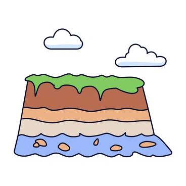 A cliffside showing signs of erosion, with various layers of sediment visible in distinct horizontal bands. The layers consist of shades of brown, tan, and light gray, indicating different types of minerals and soil. The top of the cliff is adorned with patches of green grass, contrasting with the rugged rock formations below. Small rocks and pebbles are scattered at the base of the cliff, indicating recent erosion. The sky above is clear with a few fluffy white clouds.
