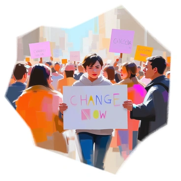 A protest scene captures a diverse group of people gathered with various signs. In the foreground, a person with short brown hair and a worried expression is being gently pushed from behind by the crowd. They are reluctantly holding a large sign that reads "Change Now," despite their evident discomfort. The crowd is a mix of individuals with different skin tones, all passionately engaged in the demonstration. Some people are cheering while others are holding their own signs expressing different viewpoints. The atmosphere is filled with energy and movement as the protest unfolds.